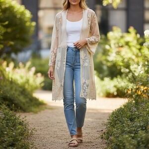 Cream Lace Kimono Cardigan Layering Topper Bohemian Hippie Artsy Fairy Size XL
